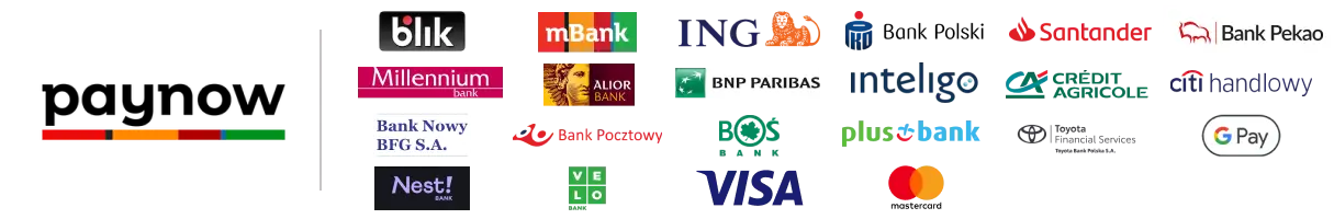 Obsługiwane metody płatności: BLIK, przelewy bankowe, Visa, Mastercard, Google Pay