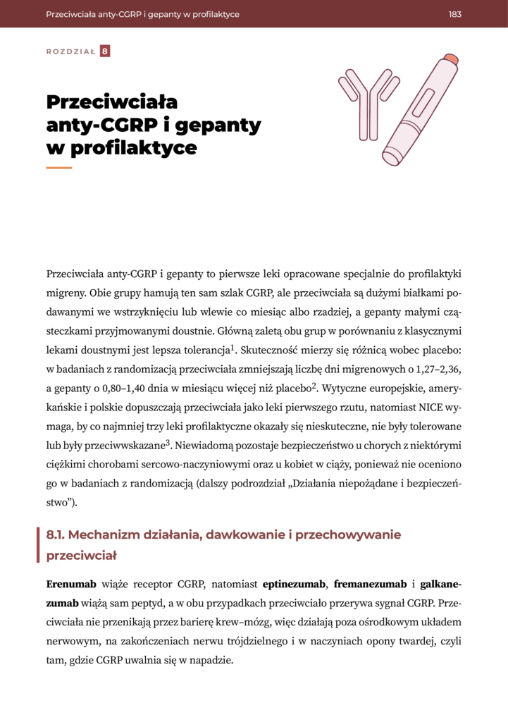 Otwarcie rozdziału o przeciwciałach anty-CGRP i gepantach. Ten sam układ powtarza się w każdym rozdziale.
